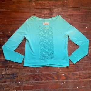 Hollister Turquoise Floral Crochet Front Sweater Pullover Size Medium